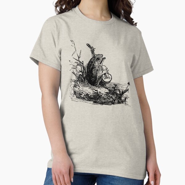 Vista previa del artículo con la obra «Estética de cabaña con rana que toca el banjo vintage, animal de guitarra goblincore, serenata de rana emo, tema de sapo cantante», diseñado y vendido por MinistryOfFrogs.