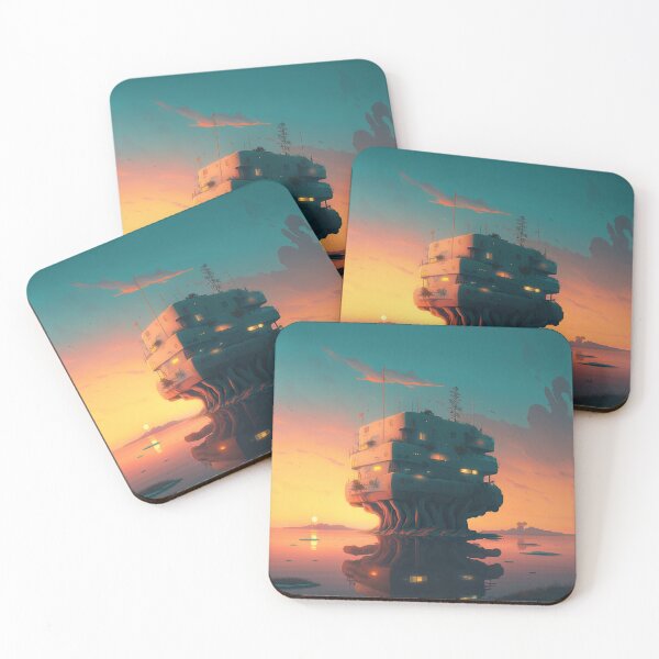 Item preview, Cyberpunk city above ocean at dreamy sunrise  designed and sold by glanced2677.