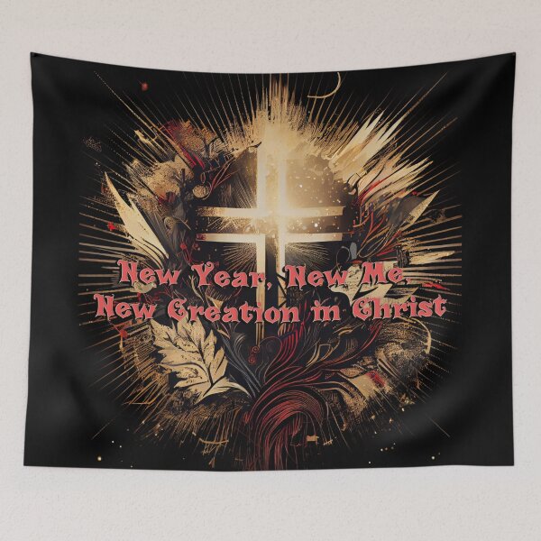 Aperçu de l'œuvre Conception festive et édifiante du réveillon du Nouvel An centrée sur le chrétien avec des ors, des argents et des rouges brillants créée et vendue par Art4Christ.