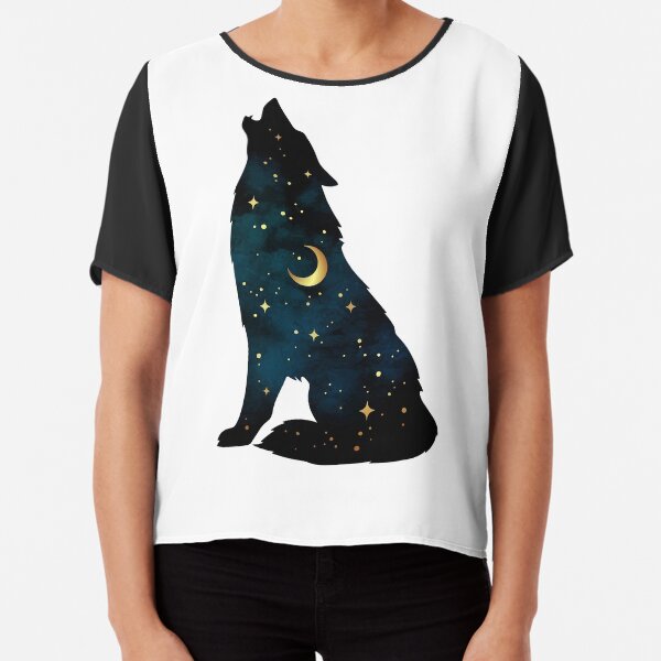Silhouette de loup avec étoiles et lune Top mousseline