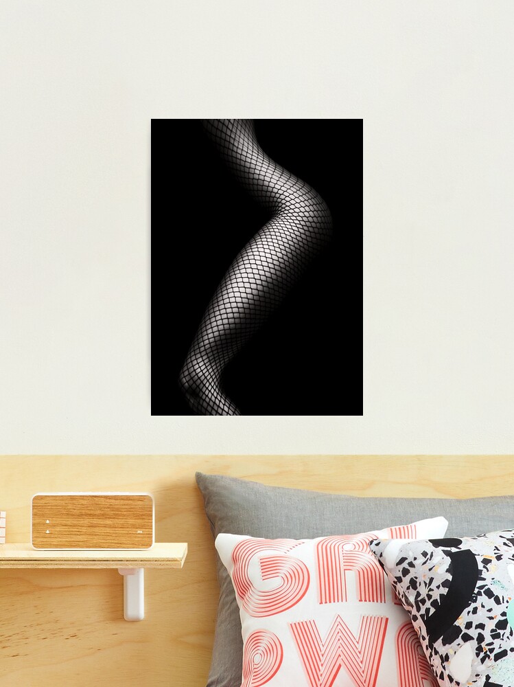 Sexy woman legs in fishnet stockings on red art photo print