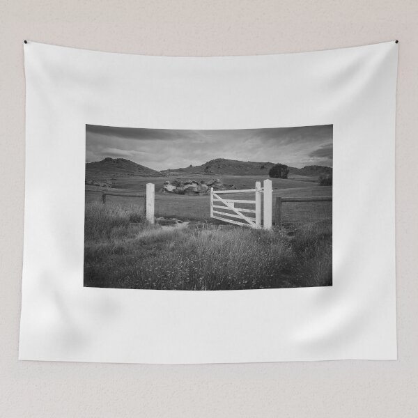 Item preview, Open gate to field and distant hills with rock pile in monochrome. designed and sold by Brian Scantlebury.
