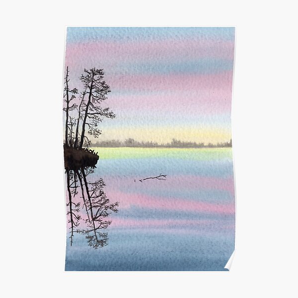 Watercolor Sunset Lake Finland Reflection
