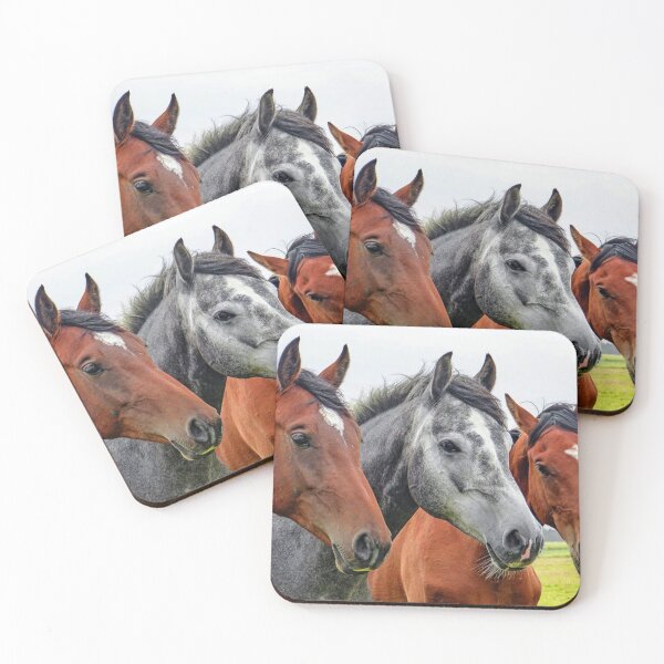 Item preview, Three horses, a grey between two bays, standing in a field. designed and sold by claireseyeview.