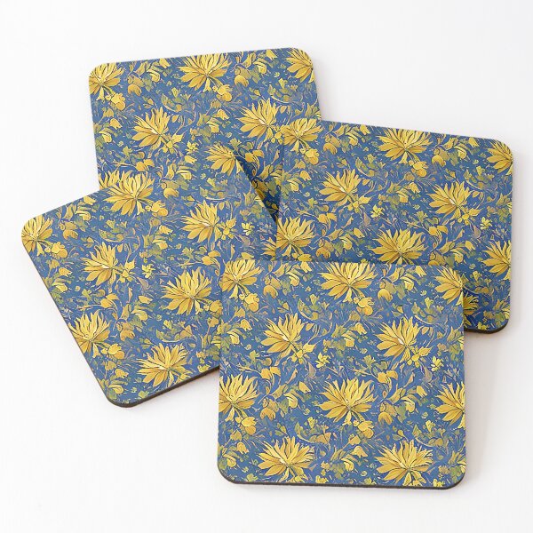 Item preview, Yellow Flowers and Fall Leaves Pattern against a Blue Purple Background designed and sold by sunflowerlight.