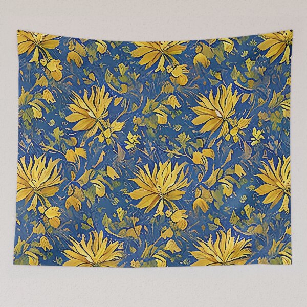 Item preview, Yellow Flowers and Fall Leaves Pattern against a Blue Purple Background designed and sold by sunflowerlight.
