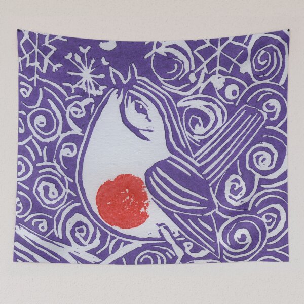 Item preview, The Robin Sings in Winter - Purple Lino Cut Print designed and sold by LymphomaLass.