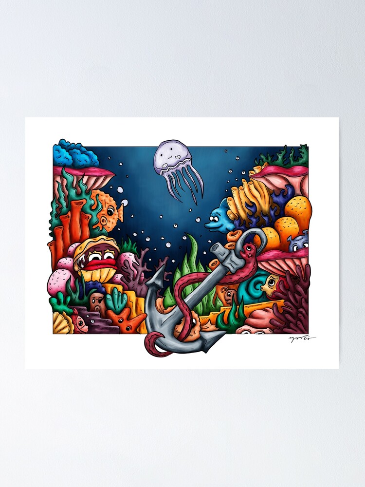Doodle art, cartoon ocean life in underwater background Poster by