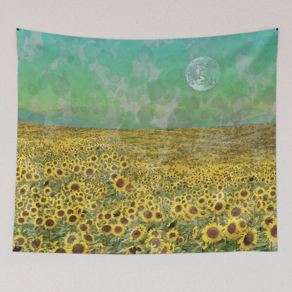Item preview, Sunflower field on an unknown planet, watercolor style, cute yellow flower field designed and sold by Collagedream.