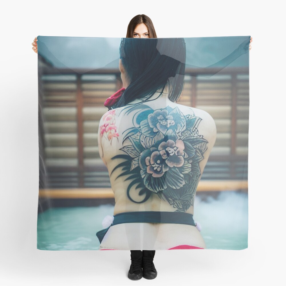 Yakuza girl showing her back tattoo Scarf for Sale by Remco Kouw