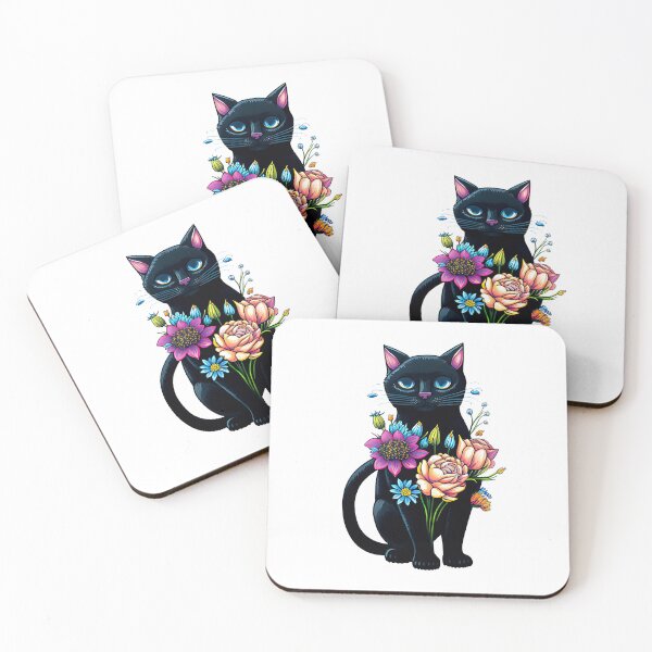 Item preview, black cat with flowers designed and sold by sweetanndspooky.