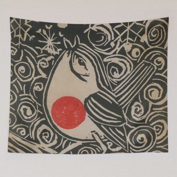 Item preview, The Robin Sings in Winter - Black Lino Cut Print on Aged Paper designed and sold by LymphomaLass.