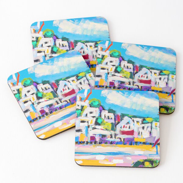 Item preview, Coastal Town - Abstract Impressionist Painting - Blue, Yellow and Green designed and sold by Inomaly Art.
