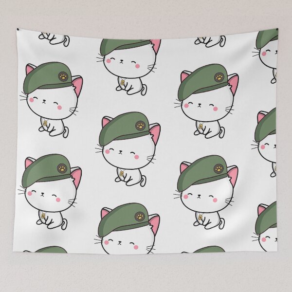 Item preview, Cute White Cat wearing a green beret designed and sold by Pet Station.