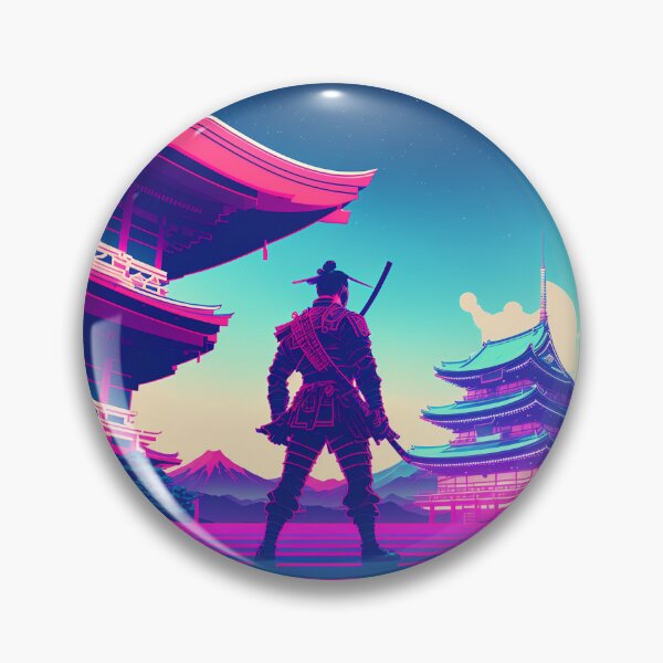Item preview, Neon style samurai warrior in temple yard designed and sold by AlePosters.