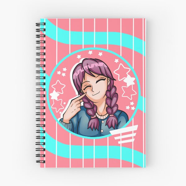 Item preview, illustration of a smiling girl with blue sweater, purple hair in anime style on a pink background with light blue lines designed and sold by kitsuneins.