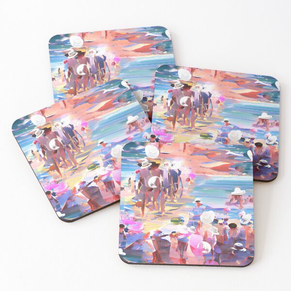 Item preview, white hats, watercolor, lots of people, in hats, on the beach, heads turned away, scorching sun, chill aut, abstract art, multicolor, optimism designed and sold by Maria Mihailova.
