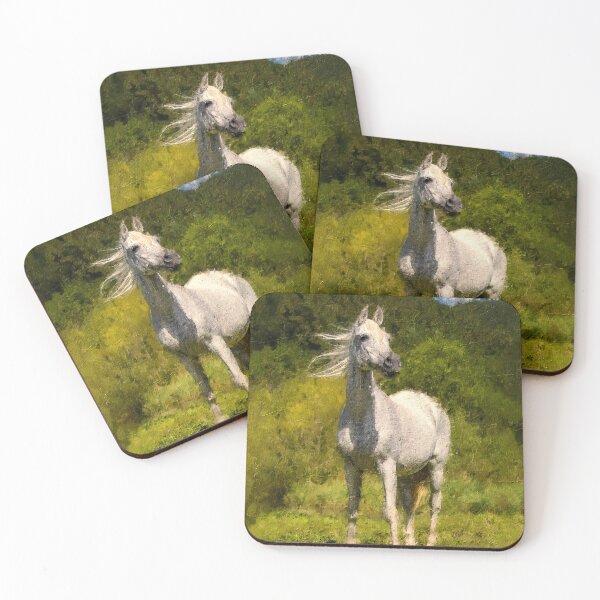 Item preview, White Arabian horse sitting in front of a mountain forest – digital painting designed and sold by NickoPrints.