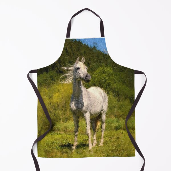 Item preview, White Arabian horse sitting in front of a mountain forest – digital painting designed and sold by NickoPrints.