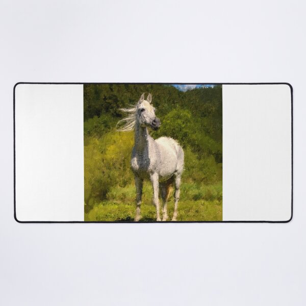 Item preview, White Arabian horse sitting in front of a mountain forest – digital painting designed and sold by NickoPrints.