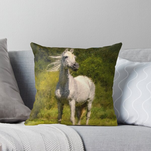 Artikelvorschau, White Arabian horse sitting in front of a mountain forest – digital painting entworfen und verkauft von NickoPrints.