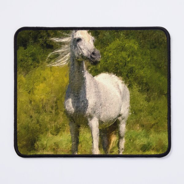 Item preview, White Arabian horse sitting in front of a mountain forest – digital painting designed and sold by NickoPrints.