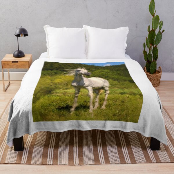 Item preview, White Arabian horse sitting in front of a mountain forest – digital painting designed and sold by NickoPrints.