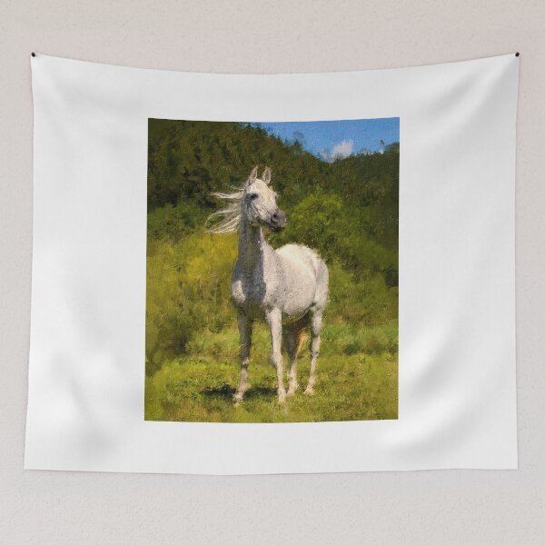 Item preview, White Arabian horse sitting in front of a mountain forest – digital painting designed and sold by NickoPrints.