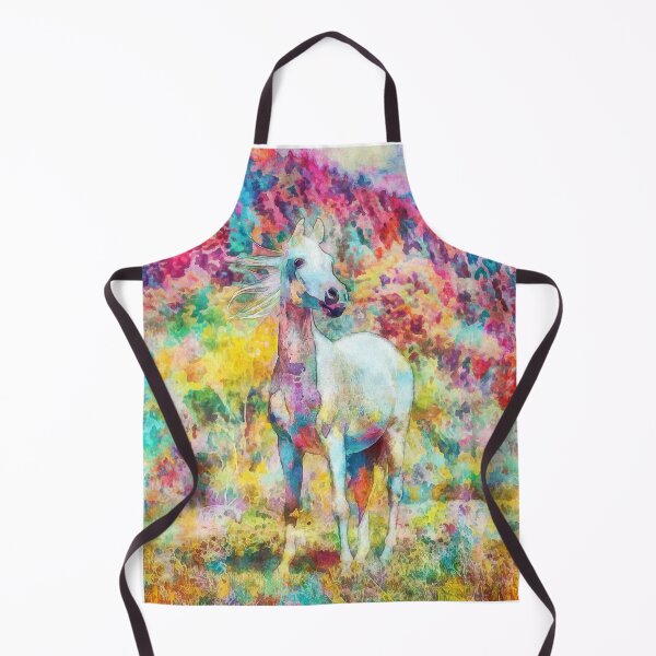 Item preview, White Arabian horse sitting in front of a mountain forest - warm pastel colors designed and sold by NickoPrints.