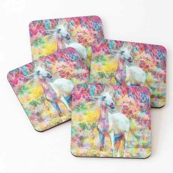 Item preview, White Arabian horse sitting in front of a mountain forest - warm pastel colors designed and sold by NickoPrints.