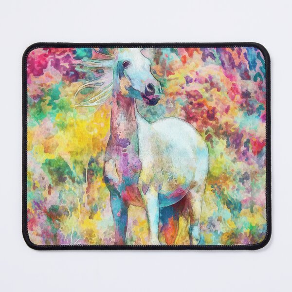 Item preview, White Arabian horse sitting in front of a mountain forest - warm pastel colors designed and sold by NickoPrints.