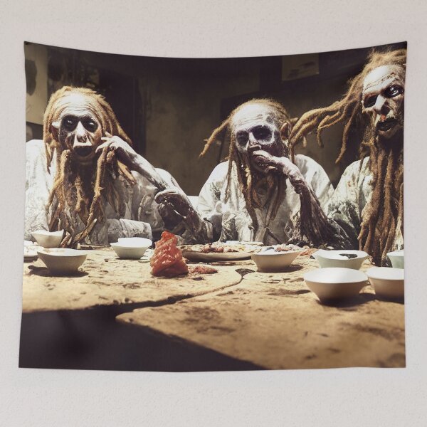 Item preview, Three elderly rastafari zombies eating at abandoned sushi restaurant designed and sold by RK - Shop.