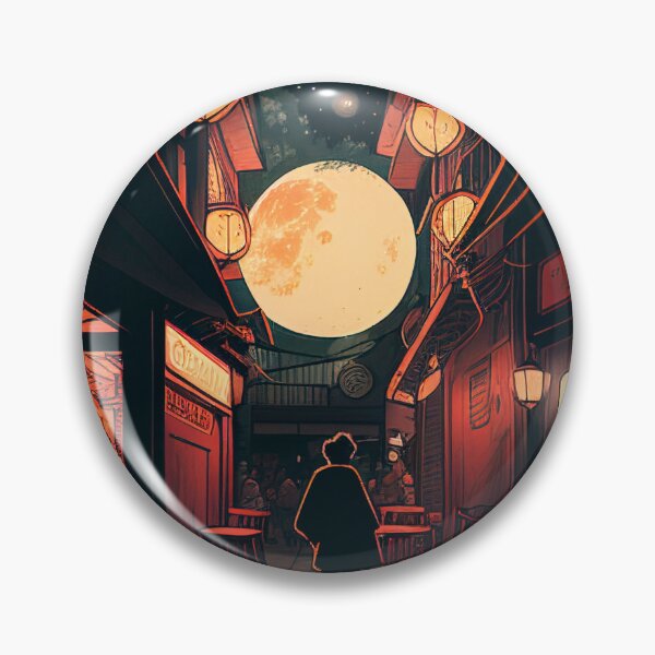 Item preview, Tokyo Alleyway Lit by Orange Moon Art Print designed and sold by pathsofmeaning.
