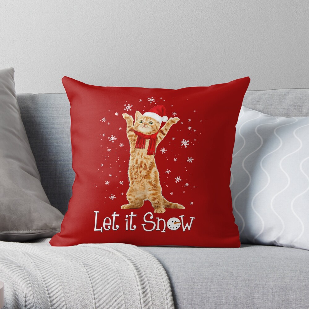 Let It Snow Santa Hat & Scarf Kitten Cat Snowflake Holiday Funny Throw Pillow