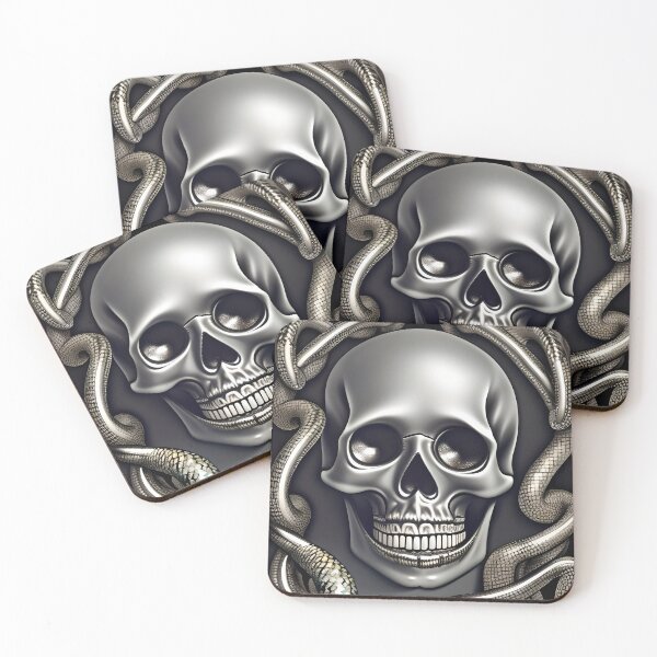 Item preview, SILVER SHINY SKULL WITH METALLIC SNAKES AROUND designed and sold by DanaMire.