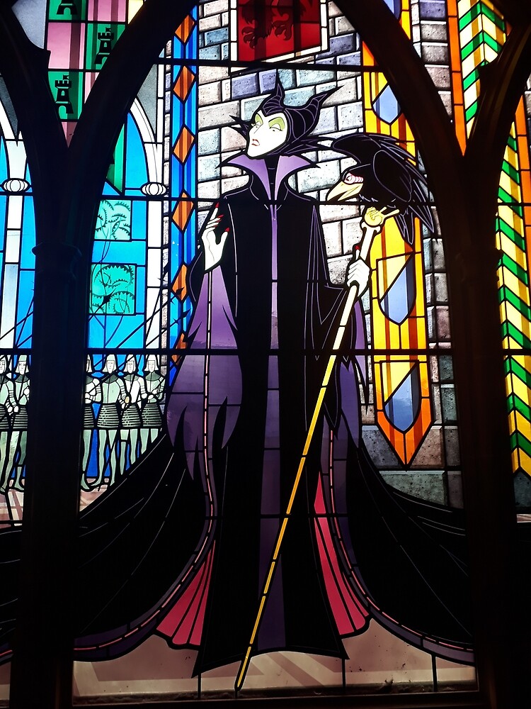 Stained glass window of Maleficent the witch from Disney's