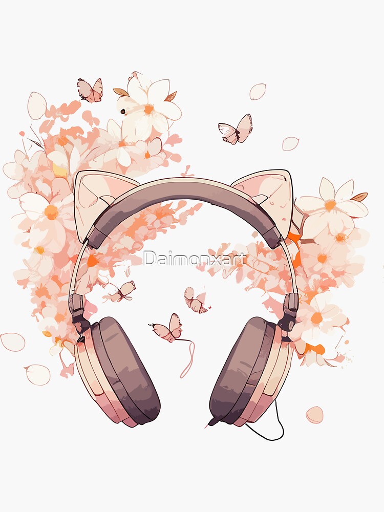 "Cute pink headphone, kawai aesthetics art" Sticker for Sale by