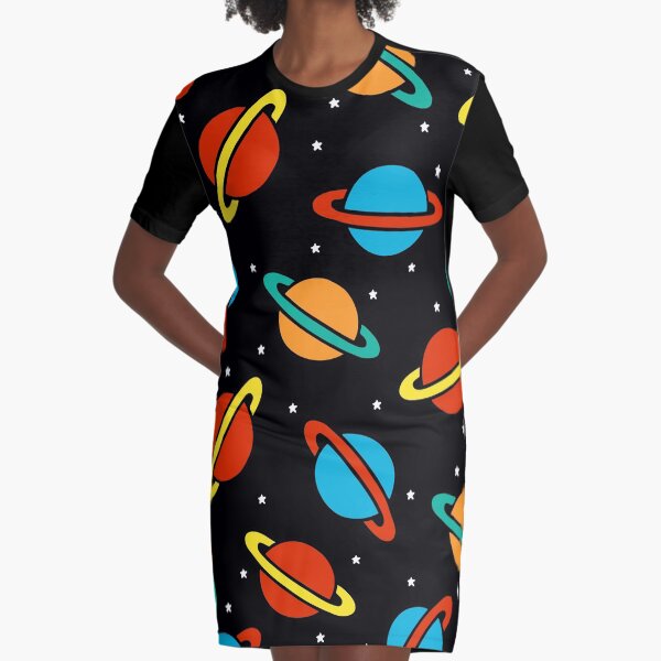 Space Planets Pattern Graphic T-Shirt Dress