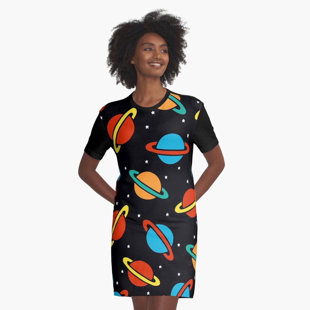 Space Planets Pattern Graphic T-Shirt Dress