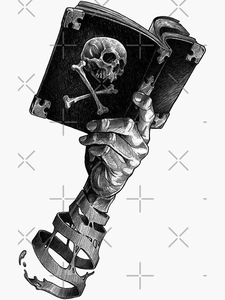 "Black and White Hand Holding Book of Skull and Cross Bones Tattoo" Sticker for Sale by