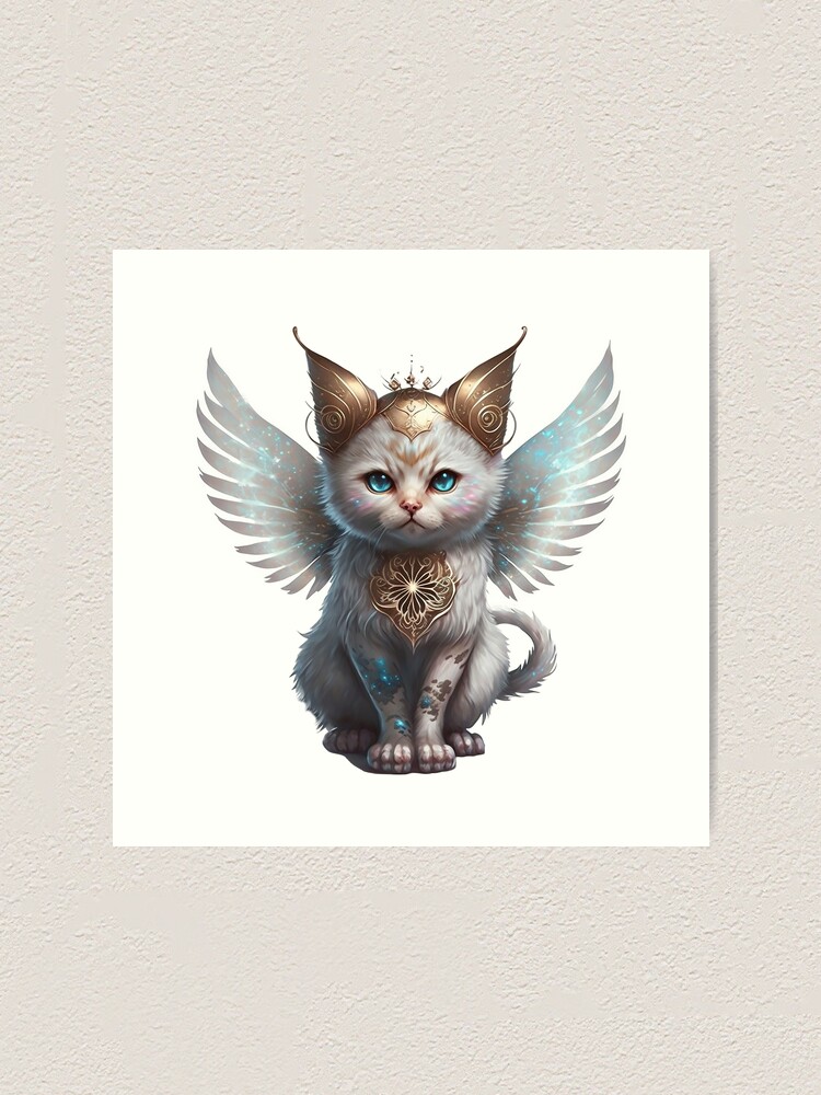 Princess Warrior Fairy Cat - white kitten with sparkling mother of pearl  angel wings - Cat Fairy | Art Print