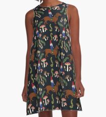 Gnome and Dachshund in the Mushroom Forest, Black Background A-Line Dress