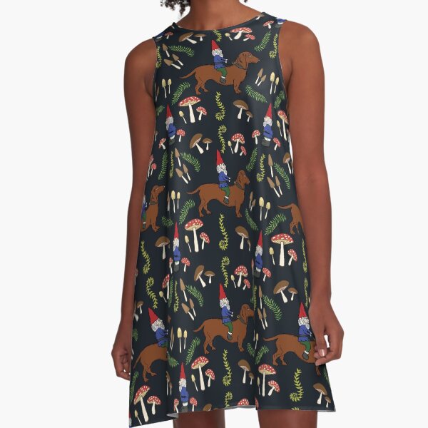 Gnome and Dachshund in the Mushroom Forest, Black Background A-Line Dress