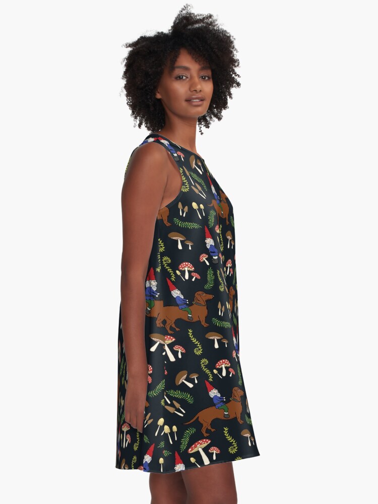 Alternate view of Gnome and Dachshund in the Mushroom Forest, Black Background A-Line Dress