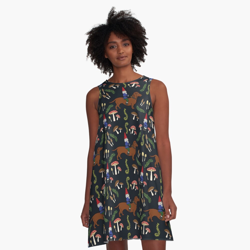 Gnome and Dachshund in the Mushroom Forest, Black Background A-Line Dress