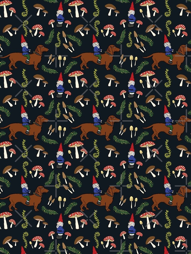 Gnome and Dachshund in the Mushroom Forest, Black Background by vivasweetlove