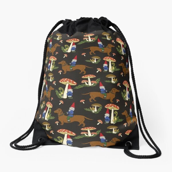 Aperçu de l'œuvre Gnome et teckel au pays des champignons, fond brun foncé créée et vendue par vivasweetlove.