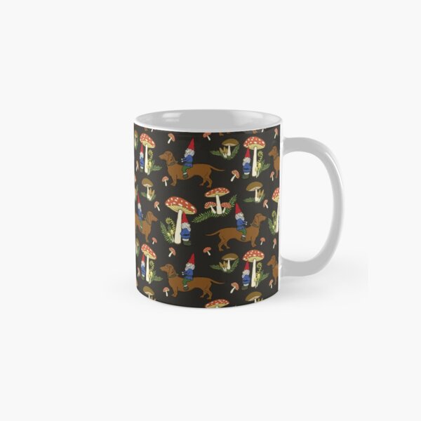 Gnome and Dachshund in Mushroom Land, Dark Brown Background Classic Mug