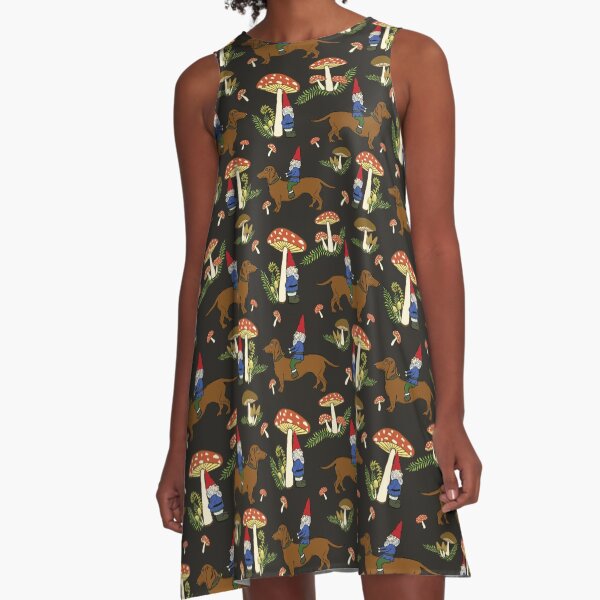 Gnome and Dachshund in Mushroom Land, Dark Brown Background A-Line Dress