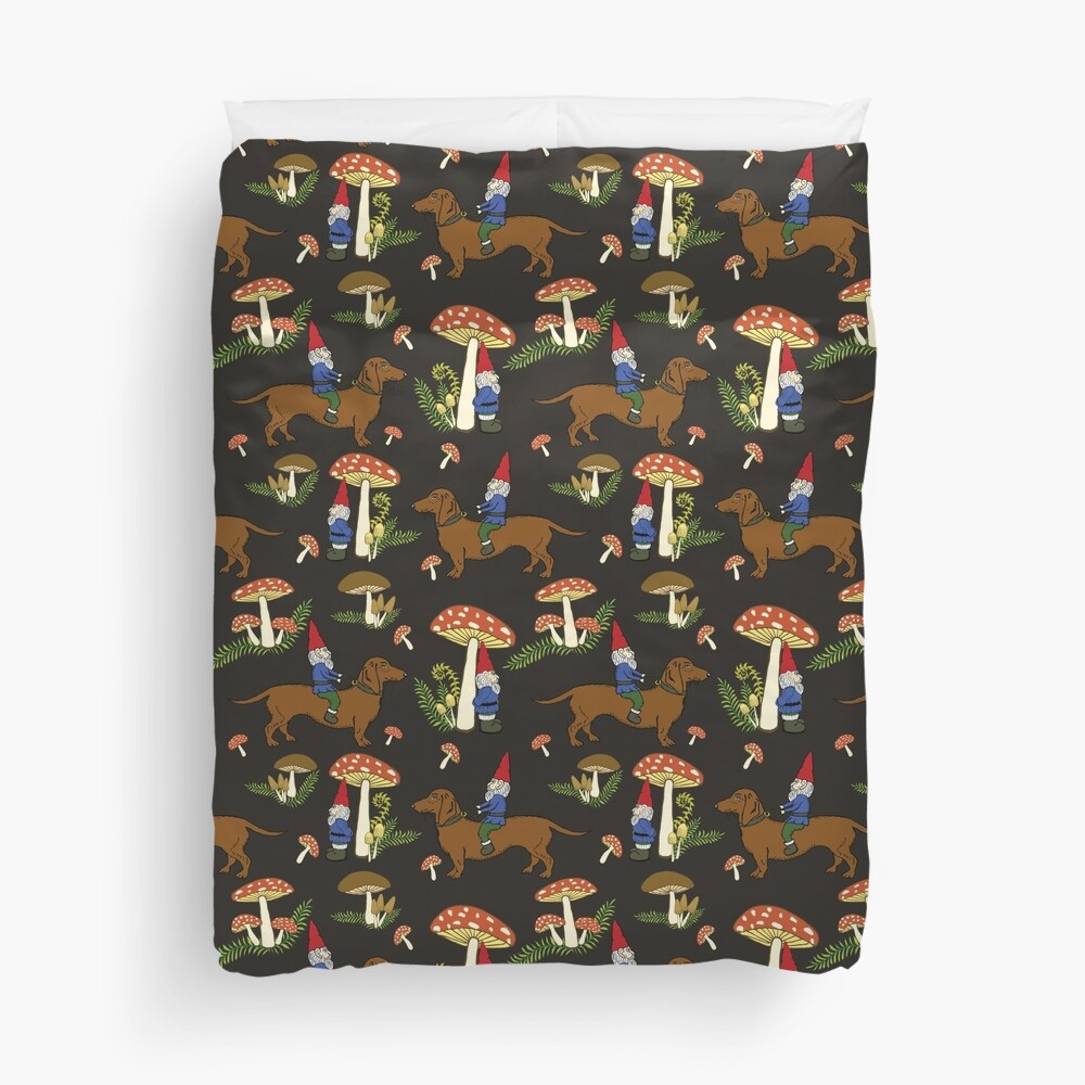 Gnome and Dachshund in Mushroom Land, Dark Brown Background Duvet Cover